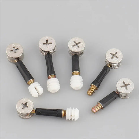 Heavy Duty Cam Lock Fittings 50 Piece Hardware Set With Cam Screws And Eccentric Nuts For Cabinet Assembly, assorted screws with black grips.