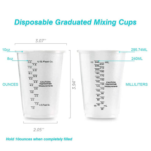 100 Pack 8oz Graduated Clear Plastic Measuring Cups With Wooden Stirring Sticks for mixing paints and other materials.