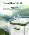 Hella Spacious 47 Qt Portable Car Refrigerator With Tough 12 Volt Cooling, showing ABS777 cover design and vegetables inside.