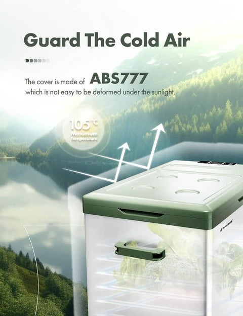 Hella Spacious 47 Qt Portable Car Refrigerator With Tough 12 Volt Cooling, showing ABS777 cover design and vegetables inside.