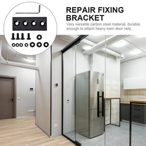Sliding Barn Door Track Connection Plates Kit Black Carbon Steel Straight Brace Joints No Fuss Easy Install Connector Set For Smooth Door Mounting And Frame Fixes displayed with installation view