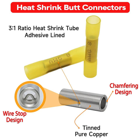 8 Gauge Heat Shrink Butt Connectors Set 20 Pcs Marine Grade Waterproof Yellow Tinned Copper Splice Terminals For 8 AWG Wires