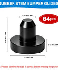 Close-up of 64 Pack Rubber Stem Bumper Glides for 1/4 Inch Mounting Hole, showing dimensions and heavy-duty black rubber material.