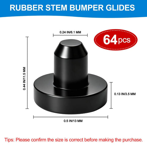 Close-up of 64 Pack Rubber Stem Bumper Glides for 1/4 Inch Mounting Hole, showing dimensions and heavy-duty black rubber material.