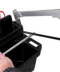 Pro Tool Caddy With Dual Oversized Compartments with removable magnetic tray, hidden storage, and padded phone holder in use.