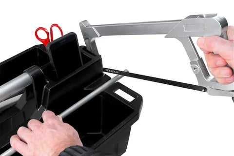 Pro Tool Caddy With Dual Oversized Compartments with removable magnetic tray, hidden storage, and padded phone holder in use.
