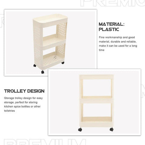 Hella Roomy Rolling Storage Organizer Cart With Smooth Plastic Shelves And Sturdy Rubber Wheels Sweet Beige Utility Shelf Rack view with three tiers and wheels.