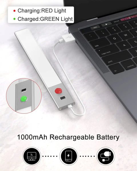 30 LED Motion Sensor Under Cabinet Light with Dimmable USB Rechargeable Night Lighting charging via laptop USB