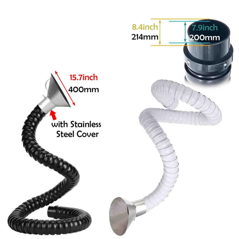 Pro Grade Solder Fume Extractor Arm with black and white flexible ducts, stainless steel covers, 15.7-inch and 8.4-inch sizes.