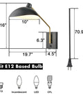 Plug In Wall Sconce With Swing Arm, USB Charging Port, Matte Black Finish dimensions and bulb options illustration