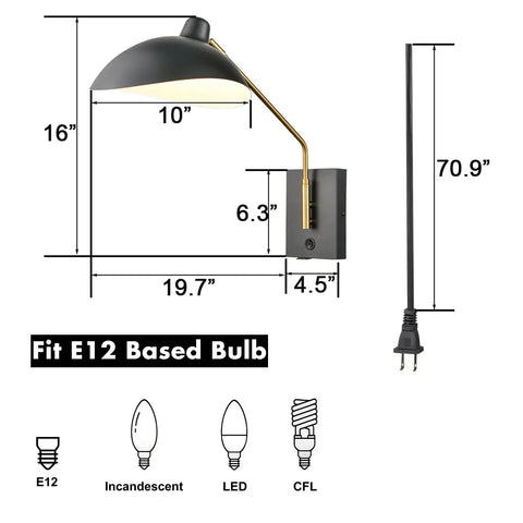Plug In Wall Sconce With Swing Arm, USB Charging Port, Matte Black Finish dimensions and bulb options illustration