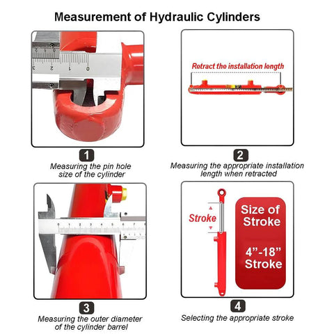 Hydraulic cylinder measurement diagram with calipers illustrating bore, outer diameter, installation length, and stroke.