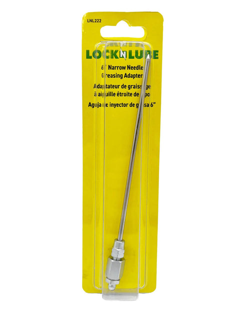LockNLube XL Narrow Needle Greasing Adapter in yellow blister-pack packaging; metal needle visible