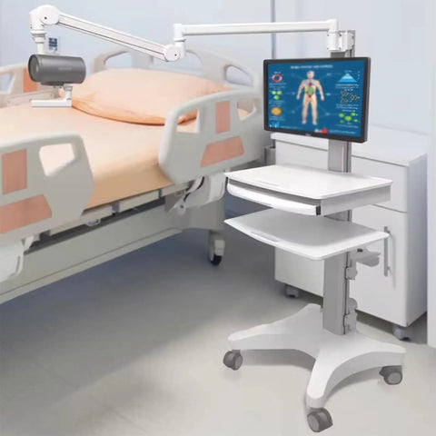 Built Different Adjustable Height Rolling Medical Cart Rolls Smooth As Butter With Ergonomic Lift Tray for monitors beside hospital bed.