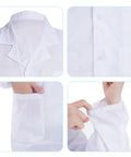 Collage of Breathable White Lab Coat Costume For Scientists And Docs Unisex Long Sleeve Adult Lab Coat details including collar, buttons, pocket, sleeve.