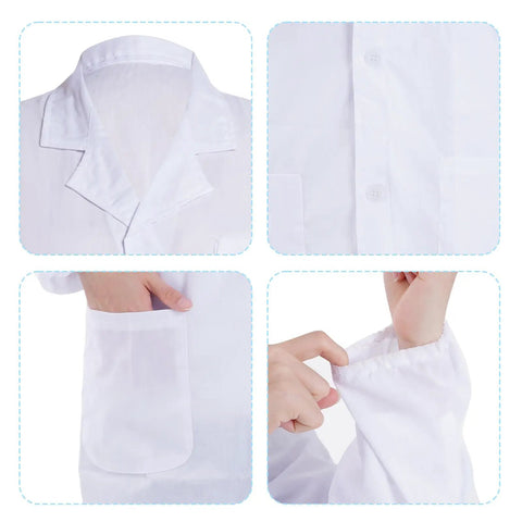 Collage of Breathable White Lab Coat Costume For Scientists And Docs Unisex Long Sleeve Adult Lab Coat details including collar, buttons, pocket, sleeve.