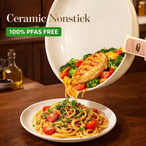 Detachable Handle Ceramic Cookware Set, 18-Piece Nonstick Pots and Pans for RV and Camping, Induction Safe skillet serving pasta