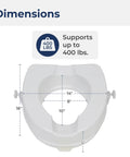 Raised Toilet Seat With Lock 4 Inch Height Heavy Duty Plastic Easy Clean No Tools Required Secure Locking Plate Standard Size Fits Most Toilets Handy Senior Safety Aid For Bathroom Help, overhead view with dimensions and 400 lb weight support.