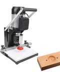 No Sweat Hinge Boring Drill For Slick Cabinet Door Woodworking With 2880 Rpm Motor And Adjustable Zero To Forty Millimeter Depth Setup showcasing drill and wood block.