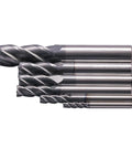 Pro Grade Solid Carbide End Mill Set One Eighth To One Half Inch, Six Pc AlTiN Coated Four Flute CNC Router Bits displayed