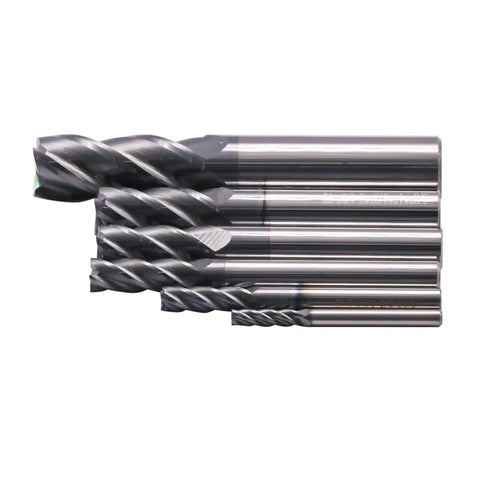 Pro Grade Solid Carbide End Mill Set One Eighth To One Half Inch, Six Pc AlTiN Coated Four Flute CNC Router Bits displayed