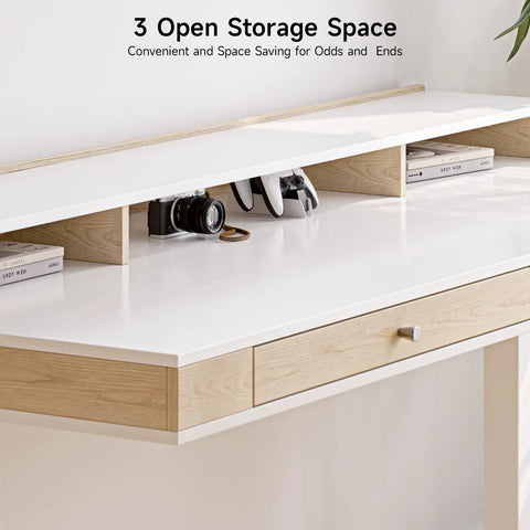 Sit Stand Desk With Drawers And Shelves 47 By 23.6 Inch Electric Height Adjustable Standing Desk With Storage Memory Presets 28 To 46 Inch Range White Finish For Computer Workstation And Home Office showcasing open shelves