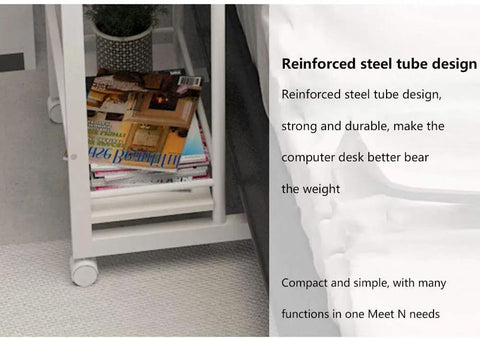 Heavy Duty Mobile Overbed Laptop Desk With Wicked Smooth Lockable Casters Reinforced Steel Build, showing reinforced steel tube design and magazines.