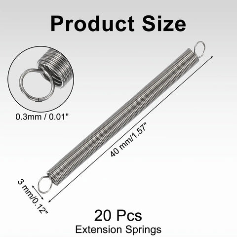 20pc Heavy Duty Extension Springs In 304 Stainless Steel, 40mm length and 3mm diameter for DIY projects and industrial repairs.