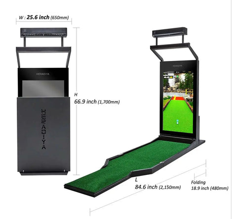 All In One Home Golf Simulator With Diya White Finish For Indoor Practice Including Putting, Approach, Short Game And Chipping Training, Realistic Ball Flight, Instant Feedback, Easy Setup in folded and extended view with dimensions.
