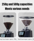 Close-up of Premium 200 Watt Electric Flat Burr Coffee Grinder with 500g and 250g bean hoppers in black housing.