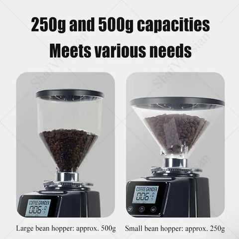 Close-up of Premium 200 Watt Electric Flat Burr Coffee Grinder with 500g and 250g bean hoppers in black housing.