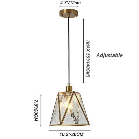 Copper Brass Pendant Light With Water Ripple Glass Lampshade, 10.2 Inch Geometric Pendant Lighting, adjustable hanging fixture