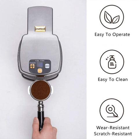 Slick Stainless Steel Coffee Tamper Delivers Dead Flat Packs On Command 58mm Universal Portafilter Fit Auto Induction works with precise 10 to 30 kg pressure settings and easy one click clean unit for daily espresso sips.