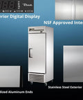 Commercial Reach In Freezer With Solid Swing Door Keeps Things Frosty Down To Ten Below Zero Fahrenheit R290 Hydrocarbon Compressor, digital display and stainless steel exterior.