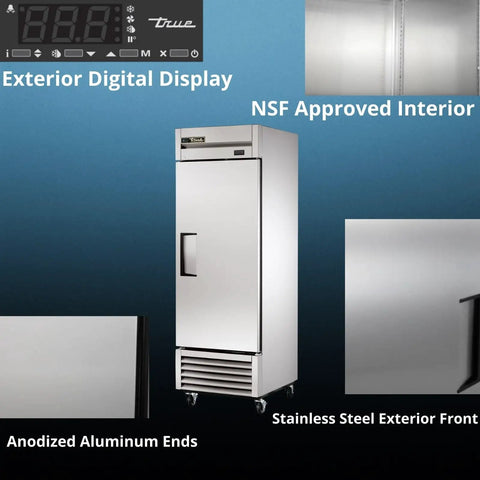 Commercial Reach In Freezer With Solid Swing Door Keeps Things Frosty Down To Ten Below Zero Fahrenheit R290 Hydrocarbon Compressor, digital display and stainless steel exterior.