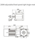 Electric gear motor with 90° right-angle output shaft; 200W, 110V, mounting flange (technical drawing)