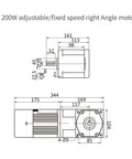 Technical diagram of 110V 200W AC Gear Motor With Variable Speed Controller, Beefy Torque Gear Reducer, Right Angle, Steel Gearbox