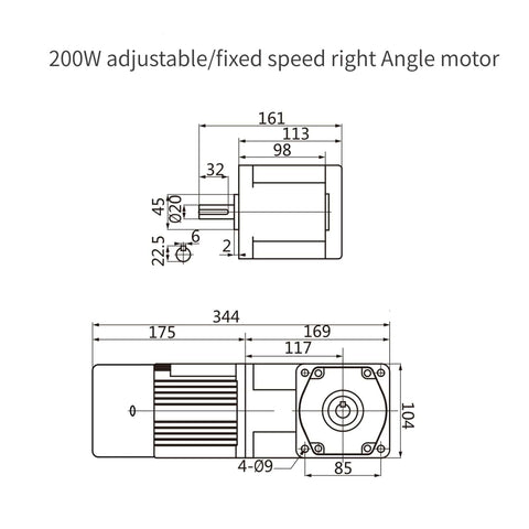 Technical diagram of 110V 200W AC Gear Motor With Variable Speed Controller, Beefy Torque Gear Reducer, Right Angle, Steel Gearbox