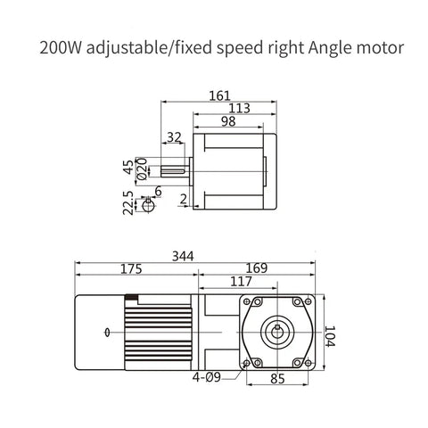 Technical diagram of 110V 200W Beefy Speed Reduction Motor with 90 Degree Output Adjustable Gear Ratio 45 RPM AC Gear Reduction Motor