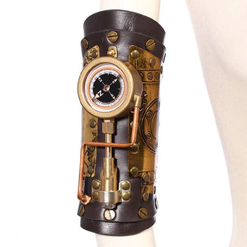 Badass Steampunk Arm Sleeve Cosplay Anime Accessory Featuring Mechanical Compass Prop Leather Gear Designed For Women Role Playing Costume Kick Ass Style And Rad Vintage Vibes, close-up of brass compass detail.