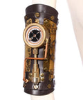 Badass Steampunk Arm Sleeve Cosplay Anime Accessory Featuring Mechanical Compass Prop Leather Gear Designed For Women Role Playing Costume Kick Ass Style And Rad Vintage Vibes detail with brass compass.