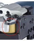 Close-up of Heavy Duty Electric Strapping Machine DD19A showing sealing mechanism for PET plastic and steel belt.