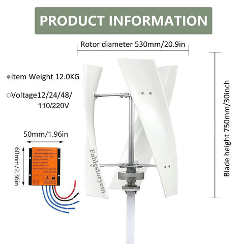 High Power 14000W Wind Turbine Kit With MPPT Controller For 12V 24V 48V 110V And 220V Systems, showing nylon blades and dimensions.