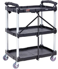 Foldable Utility Service Cart With 3 Shelves Heavy Duty Plastic Rolling Cart Holds 165 Lbs shown with ergonomic handle