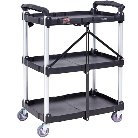 Foldable Utility Service Cart With 3 Shelves Heavy Duty Plastic Rolling Cart Holds 165 Lbs shown with ergonomic handle