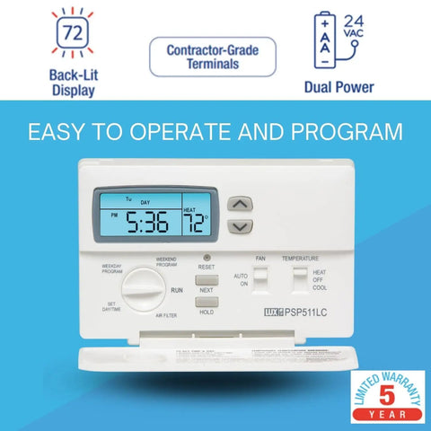 Easy No Fuss Programmable Thermostat For Home Use With Backlit Display And Quick Set Speed Dial shown with features