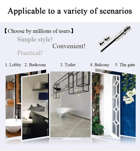 Heavy Duty Stainless Steel Slide Barrel Bolt Gate Latch Four Pack displayed in diverse scenarios like lobby, bedroom, and gate.