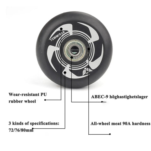 90A Inline Skate Wheels Replacement Set in 72mm with bearings for roller blades and roller hockey, wear-resistant PU, 90A hardness.