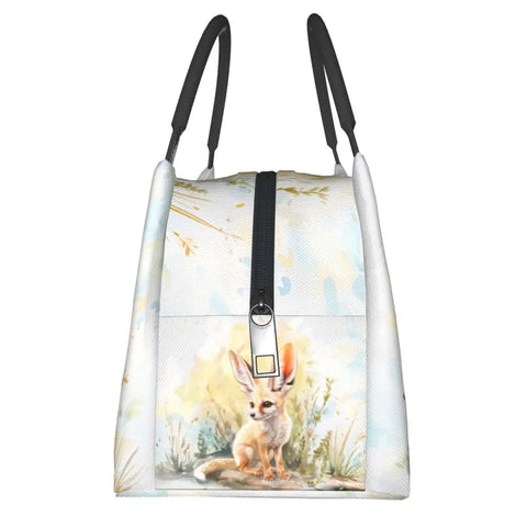 Fennec Fox Insulated Lunch Box With Large Ears For Women And Girls Pastel Desert Plants Design front view, zipper detail