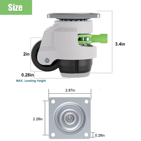 Rock Solid Built Tough Leveling Caster Wheels Set Of 4 Featuring 2200 Lbs Load Capacity with 2in height and 3.4in size.
